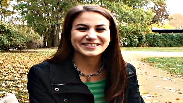 Nympho public babe fucked outdoors in POV by big white dick