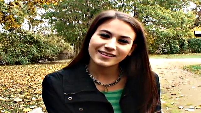 Nympho public babe fucked outdoors in POV by big white dick