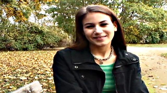 Nympho public babe fucked outdoors in POV by big white dick