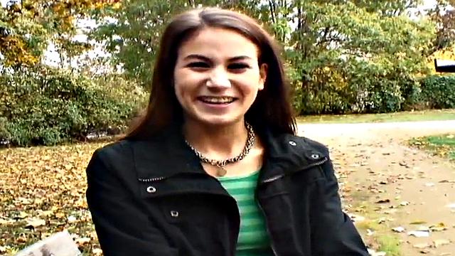 Nympho public babe fucked outdoors in POV by big white dick