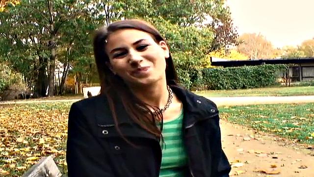 Nympho public babe fucked outdoors in POV by big white dick