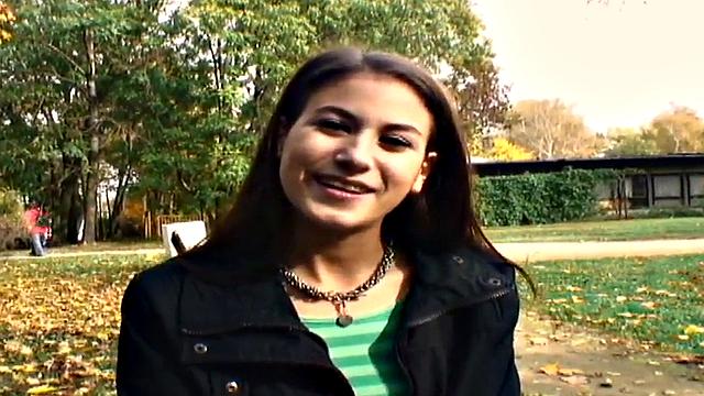 Nympho public babe fucked outdoors in POV by big white dick