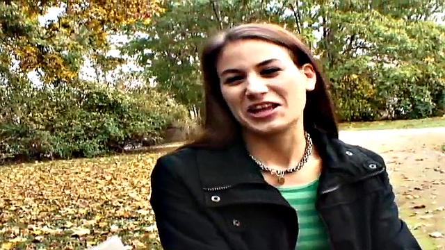 Nympho public babe fucked outdoors in POV by big white dick