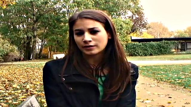 Nympho public babe fucked outdoors in POV by big white dick