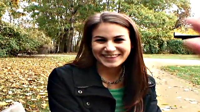 Nympho public babe fucked outdoors in POV by big white dick