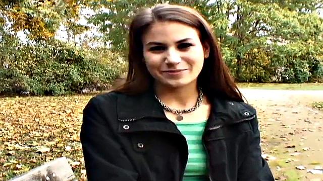 Nympho public babe fucked outdoors in POV by big white dick