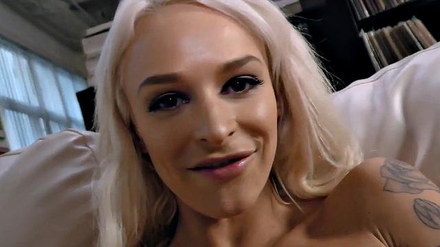 Blonde tattooed oral hottie talks dirty while blowing POV cock