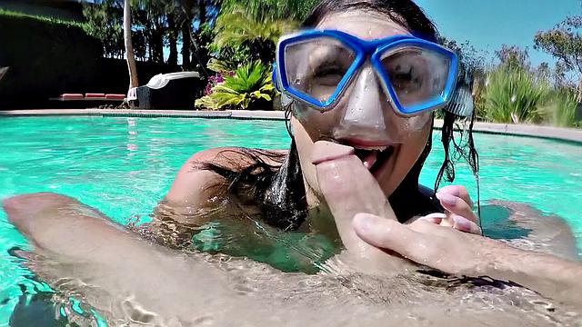 Get a taste of Anal Sex in the pool with glasses on and a trimmed pussy to play with