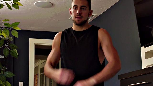 Slim bottom shoots cum after being bred from behind by jock