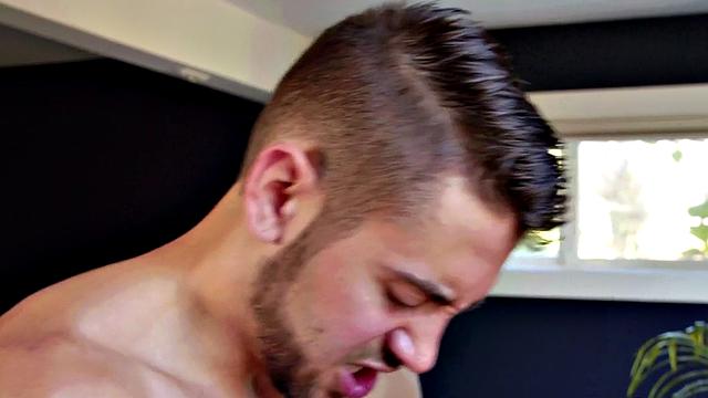 Slim bottom shoots cum after being bred from behind by jock