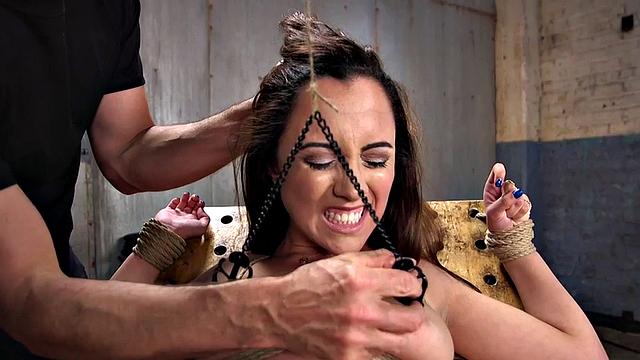 Hairy pussy sub gets fingered and deepthroats in BDSM threesome