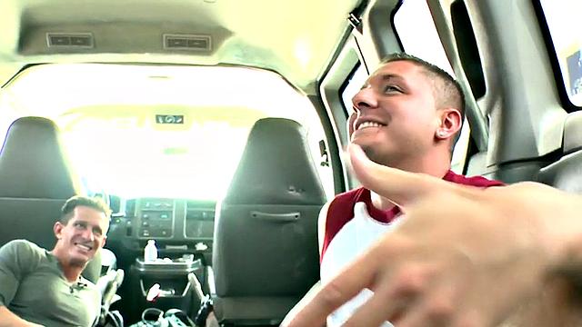 Real stud riding cock in van before massive cumshot