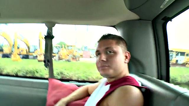 Real stud riding cock in van before massive cumshot