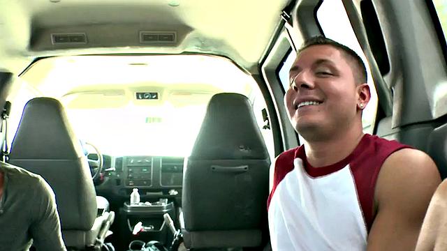 Real stud riding cock in van before massive cumshot