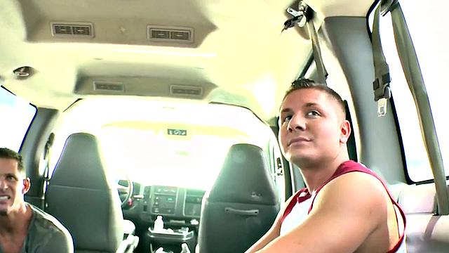 Real stud riding cock in van before massive cumshot