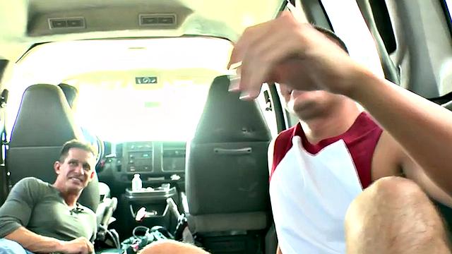 Real stud riding cock in van before massive cumshot