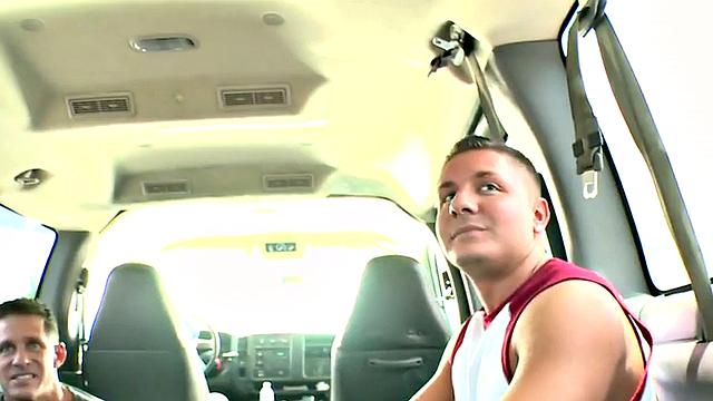 Real stud riding cock in van before massive cumshot