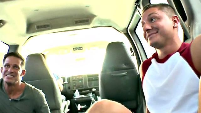 Real stud riding cock in van before massive cumshot