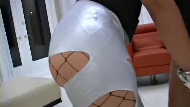 Brunette in high heels and pantyhose gets her pussy drilled by a big dick in reverse cowgirl and standing sex group sex