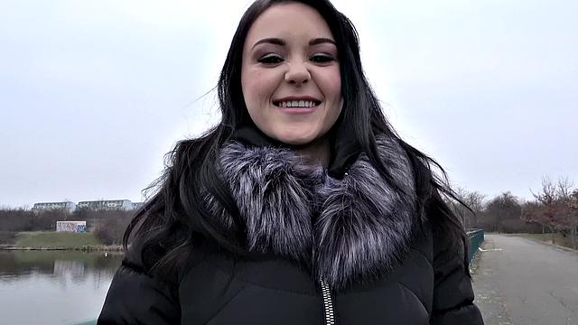 Watch how this innocent Russian gets her bald pussy drilled by a thick big cock in public