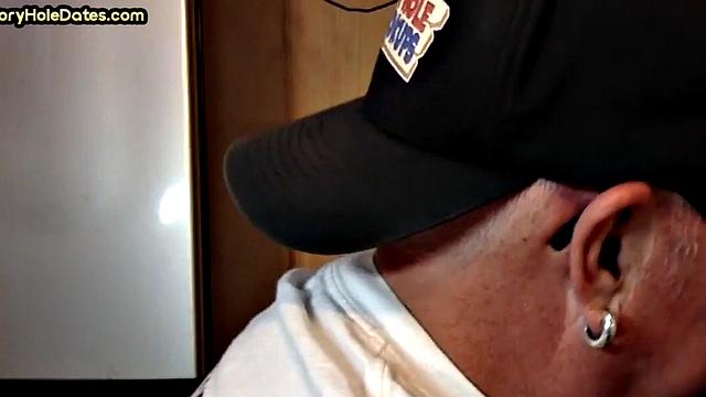 Gloryhole DILF sucks dick and eats cum in closeup