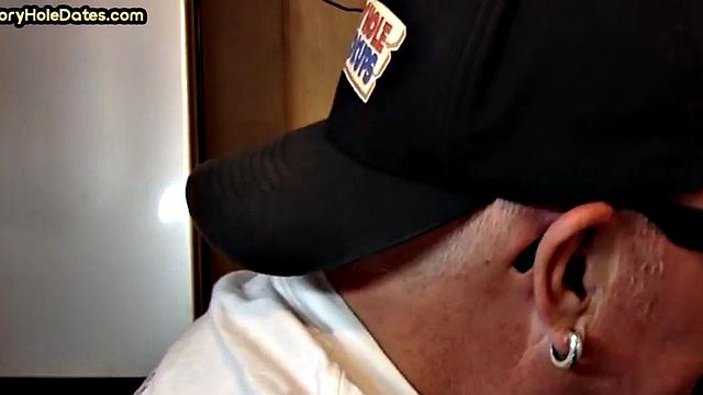 Gloryhole DILF sucks dick and eats cum in closeup
