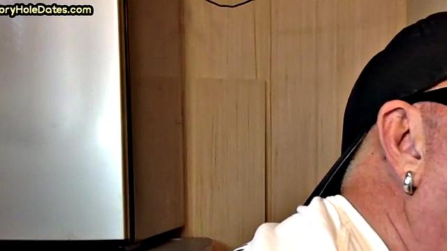 Gloryhole DILF sucks dick and eats cum in closeup