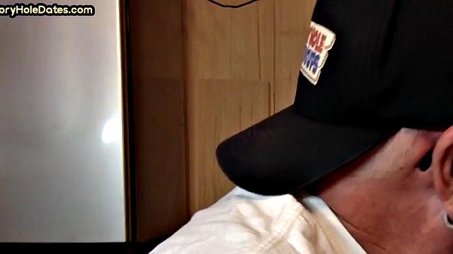 Gloryhole DILF sucks dick and eats cum in closeup