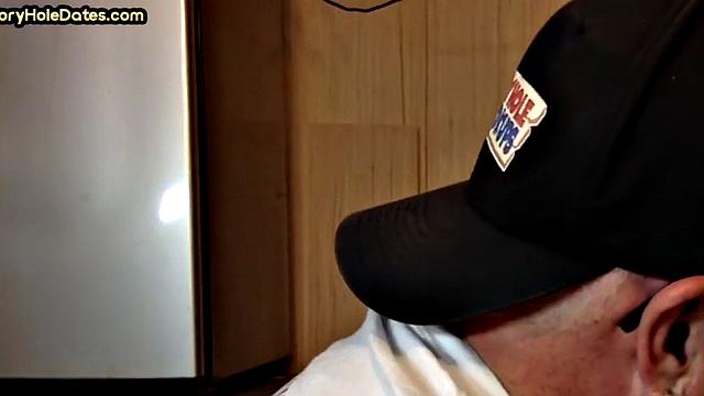 Gloryhole DILF sucks dick and eats cum in closeup