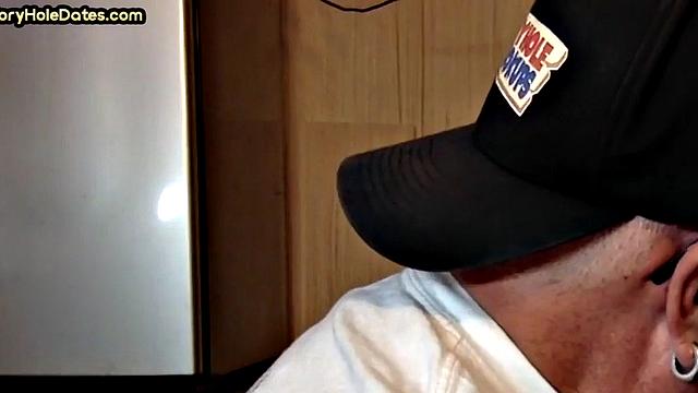 Gloryhole DILF sucks dick and eats cum in closeup