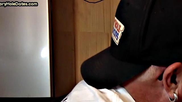 Gloryhole DILF sucks dick and eats cum in closeup