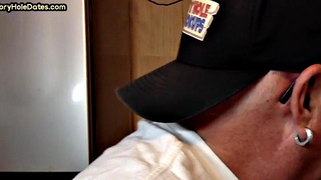 Gloryhole DILF sucks dick and eats cum in closeup