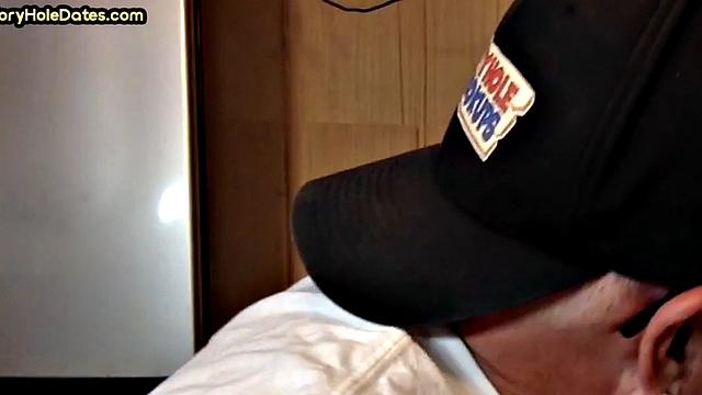 Gloryhole DILF sucks dick and eats cum in closeup