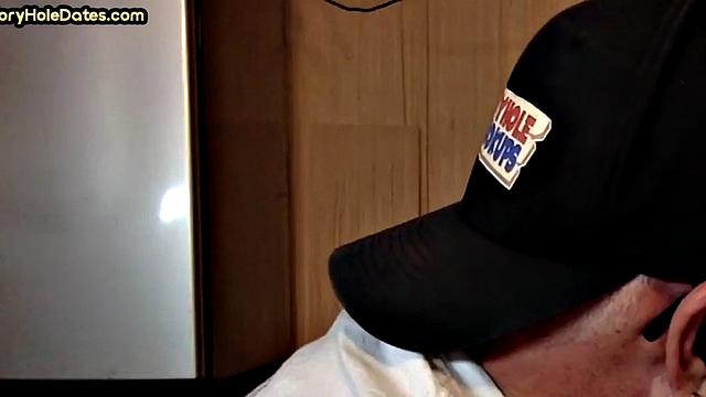 Gloryhole DILF sucks dick and eats cum in closeup