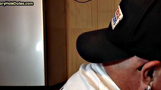 Gloryhole DILF sucks dick and eats cum in closeup