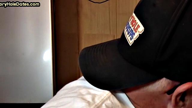 Gloryhole DILF sucks dick and eats cum in closeup