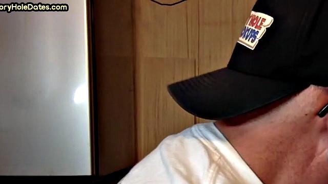 Gloryhole DILF sucks dick and eats cum in closeup