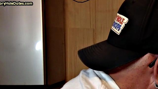 Gloryhole DILF sucks dick and eats cum in closeup