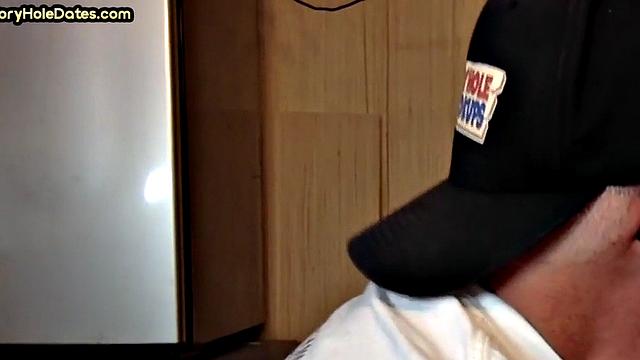 Gloryhole DILF sucks dick and eats cum in closeup