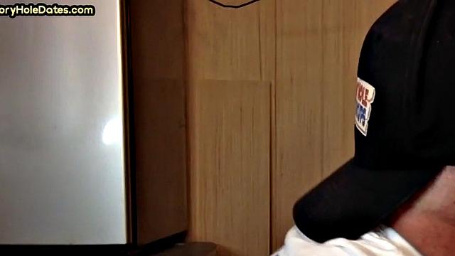 Gloryhole DILF sucks dick and eats cum in closeup