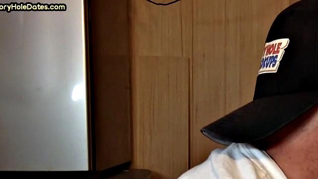 Gloryhole DILF sucks dick and eats cum in closeup