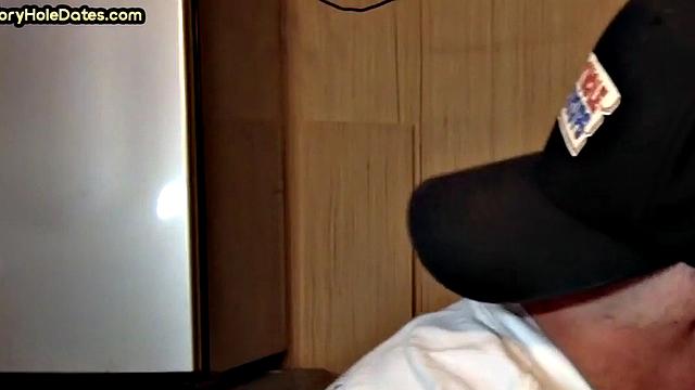 Gloryhole DILF sucks dick and eats cum in closeup