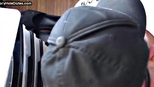 Gloryhole DILF sucks dick and eats cum in closeup