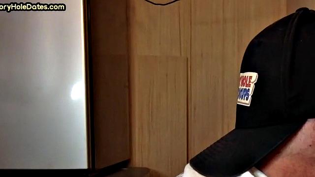 Gloryhole DILF sucks dick and eats cum in closeup