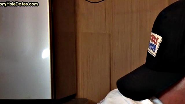 Gloryhole DILF sucks dick and eats cum in closeup