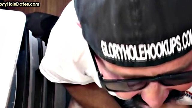 Gloryhole DILF sucks dick and eats cum in closeup