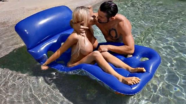 Divine TS MILF with big boobs barebacked on the pool