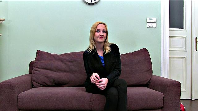Blonde with earrings goes wild taking Agent's hard cock on the sofa
