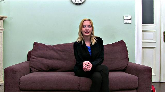 Blonde with earrings goes wild taking Agent's hard cock on the sofa