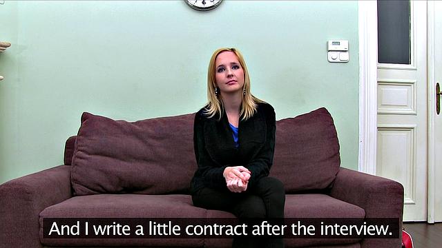 Blonde with earrings goes wild taking Agent's hard cock on the sofa